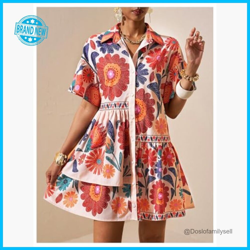 Floral Babydoll Dress Collared Short Sleeve Button Down Ruffle Summer Chic - Picture 3 of 5